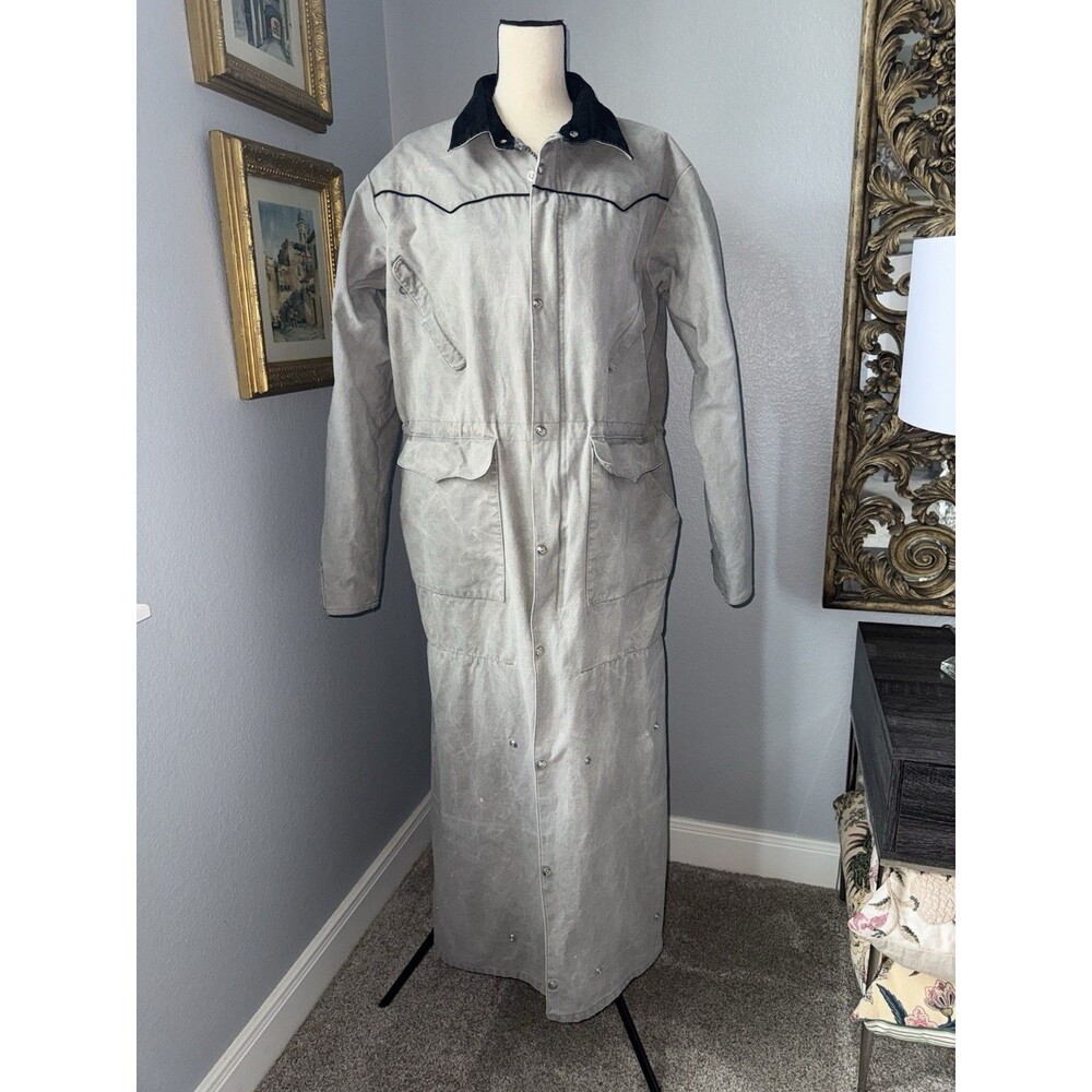 Vtg 80s Schaefer Western Duster Coat Med Gray  Ranch Cowboy Canvas Jackson Hole